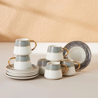 Image of KARACA Globe Turkish Coffee Cup Set of 6, Porcelain Coffee, Espresso Cups with Saucers, Black Patterns and Gold Handles, Ideal for Serving Latte, Tea, Espresso, Cappuccino