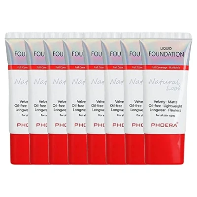 Image of Glamza Phoera Foundation Full Coverage Makeup Set 24hr Long Lasting Oil Control Same Smarter Packaging Inc x8 30ml &amp; Silicone Blender Sponge (104B Sand Beige)