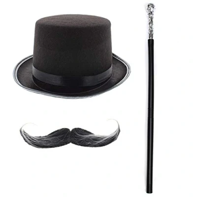 Image of Zac&#039;s Alter Ego Fancy Dress Victorian Top Hat, Moustache &amp; 70s Pimp Stick/Staff/Cane World Book Week/Day