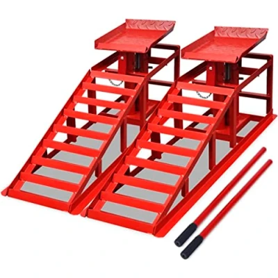 Image of vidaXL Car Repair Ramps Red Steel Construction, 2 tonne Hydraulic Jack, Secure Lock Mechanism, 375mm Lift Height