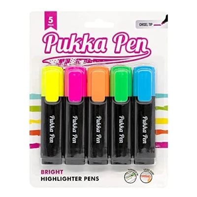 Image of Pukka Pad, Highlighter Pens 5 Pack of Chisel Tip Highlighters with Transparent Ink and Smudge Guard Non Toxic Includes Yellow, Orange, Pink, Green, Blue