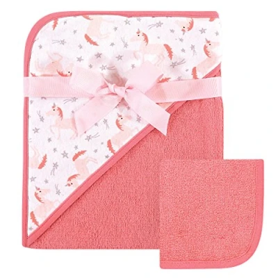 Image of Hudson Baby Unisex Cotton Hooded Towel and Washcloth, Unicorn, One Size