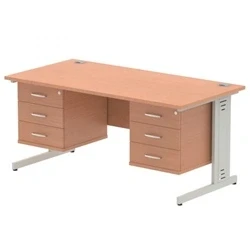 Image of Impulse 1600x800 Desk Beech Silver Cable Managed + 2x Fixed Pedestal