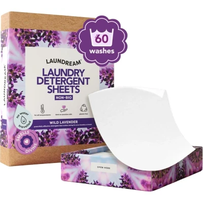 Image of LAUNDREAM Wild Lavender Laundry Detergent Sheets x 60 Loads Eco Friendly Swaps Washing Capsules, Liquid, Powder with Plastic Free, Vegan, Plant Based Ultra Concentrated Strips