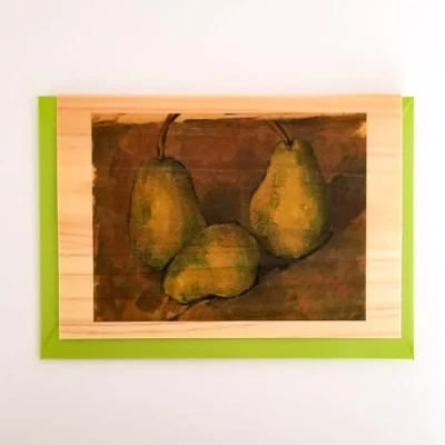 Image of wooden greeting card [Series: Cezanne] Three Pears, Light and thin material sliced from real wood, Japanese cypress, HINOKI