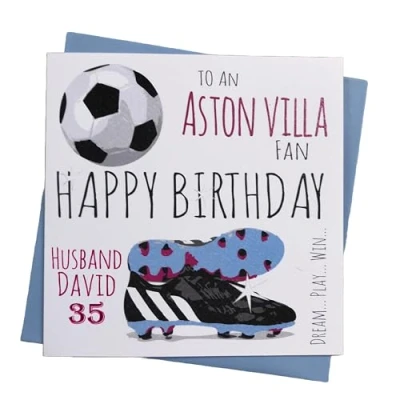 Image of WHITE COTTON CARDS PERSONALISED Aston Villa Villians FC Football Club Fan Birthday Card (13 PER)
