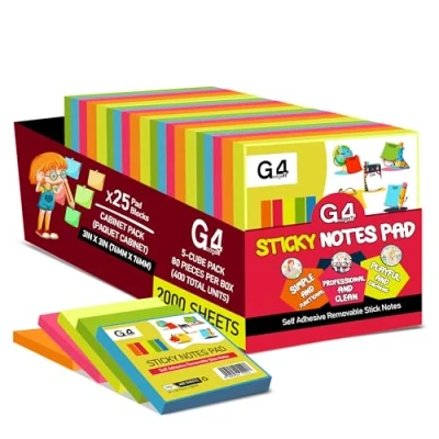 Image of G4GADGET 25 Pads 3 in x Sticky Notes, 5 Vibrant Colours, Self Stick Memo Pads, Strong Adhesive, Repositionable, 80 Sheets/Pad for Office, Home, School, and Meetings