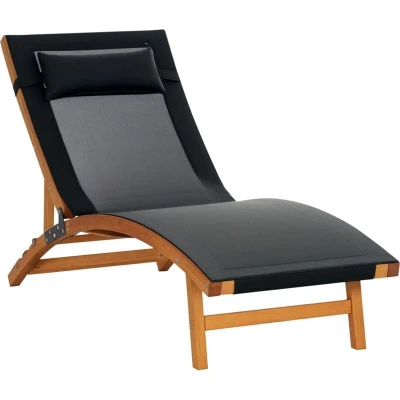 Image of Outsunny Ergonomic Patio Lounge Chair Wooden Outdoor Chaise w/ 3 Adjustable Back and Removable Headrest Pillow for Garden Black