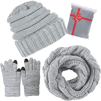 Image of CheChury Winter Hat Scarf and Gloves Set Warm Knitted Beanie Touch Screen for Women Skiing Outdoor Sports Sets,Lightgrey,One size
