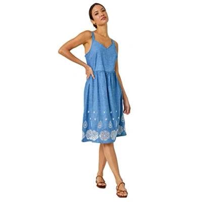 Image of Roman Originals Sleeveless Cotton Embroidered Midi Dress for Women UK Ladies Everyday Holiday Spring Summer Sweetheart Neckline Comfy Soft Evening Vacation Work Party Denim Size 20