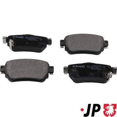 Image of D40604CA0A, D40604CA0B, D40604CA0C, D40604CA0CRV, D40604EA0A Brake pad set JP GROUP 4063701110 Rear Axle with acoustic wear warning NISSAN: Qashqai 2