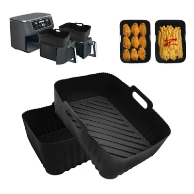 Image of CNMTCCO Silicone Air Fryer Liners, 2Pcs Reusable Liners for Ninja Foodi AF300UK, AF400UK, Airfryer Accessories Dual Fryer, 7.6L 9.5L