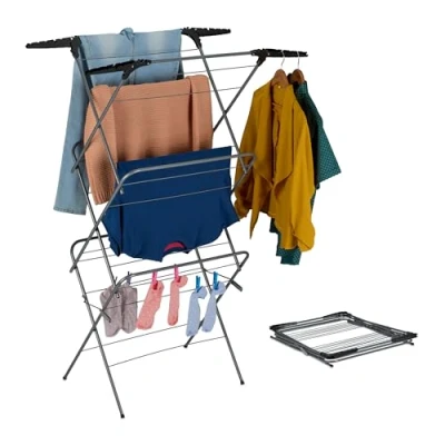Image of Relaxdays Airer, 3 Tiers, Folding Laundry Rack, Space Saving Clothing Horse, HxWxD: 138x63.5x50 cm, Grey/Black, Plastic, Iron