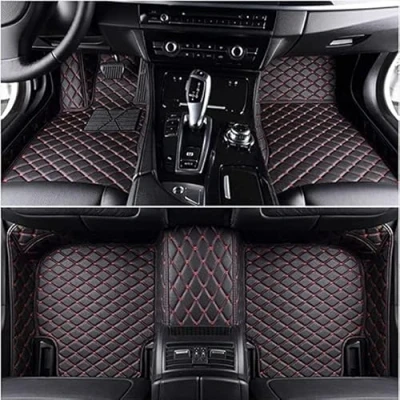 Image of Leather Car Floor Mats for Mercedes Benz EQE 2022 2023, (RHD) All Weather Waterproof Non Slip Liner Protection Accessories,Black Red