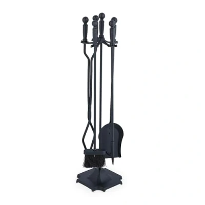 Image of Relaxdays Fireplace Tool Set, 5 Pieces, Poker, Ash Shovel, Broom, Stand, Tongs, Iron, Sturdy Base, Accessories, Black, 81 x 19 cm