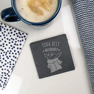 Image of eBuyGB Personalised Square Slate Coaster, Engraved Baby Yoda Star Wars Themed Drinks Mat, Gifts for Mummy from Daughter, Son (Yoda Best Mummy)