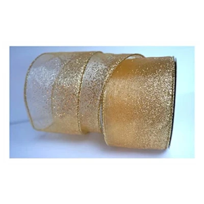 Image of 10m x 2.5 (63mm) Roll Wire Wired Edged Edge Christmas Ribbon Tree Tinsel Wreath Gift Bows. from a UK Specialist Company (Gold Millionaire Glitter Organza)