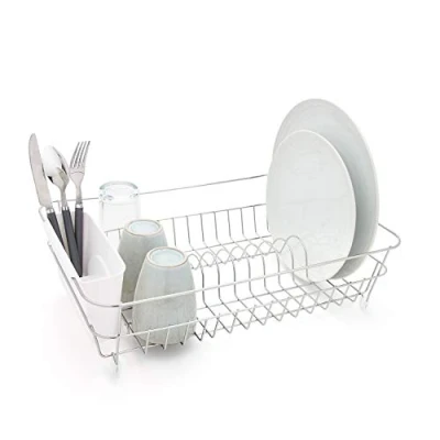 Image of simplywire Dish Drainer Anti Rust Drying Rack Chrome with White Cutlery Basket