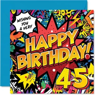 Image of 45th Birthday Cards for Men Women Comic Book Pow! Happy Card 45 Year Old Man Woman Son Nephew Colleague Friend, 145mm Bday Greeting
