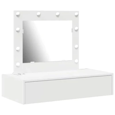Image of vidaXL White Rectangular Vanity Table with LED Light Mirror, Modern Dressing Desk Storage Drawer, 83 cm x 40 70