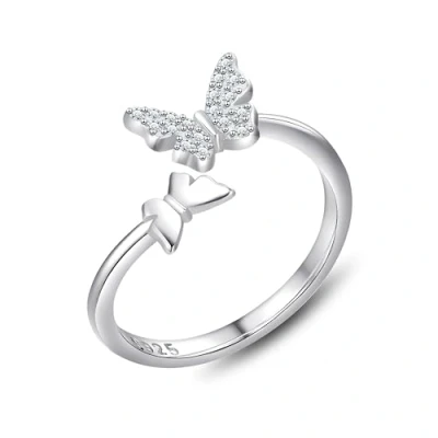 Image of KristLand Butterfly Ring Sterling Silver Adjustable 925 Open with Clear Cubic Zirconia Finger Wedding Birthday Party Gift for Women Ladies Girls