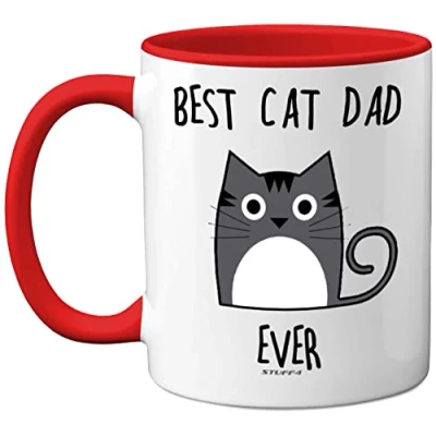 Image of Stuff4 Best Cat Dad Ever Mug, Gifts for Lovers, Gifts, Cute Mugs Men, Funny Coffee 11oz Ceramic Dishwasher Safe Premium Red Handle