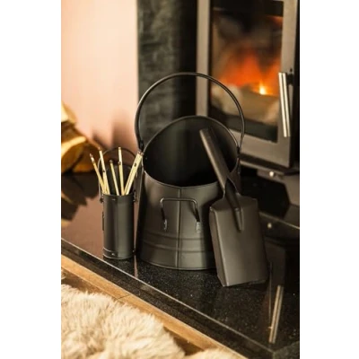 Image of Marco Paul Coal BUCKET, SHOVEL and MATCH CANISTER Bunker Metal Bucket Heavy Duty Fireplace Accessories Kindling Fire (Black) 38cm