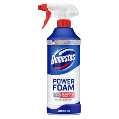 Image of Domestos Power Foam Arctic Fresh toilet &amp; bathroom Cleaner Spray sprays upside down eliminates 99.99% of germs for cleaning inside the around 450 ml