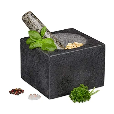 Image of Relaxdays 10029961 Pestle, Spices, Herbs, Polished Stone Mortar, W x D: 14.5 cm, Vol. 500 ml, Granite, Grey, BlackGreenBeige