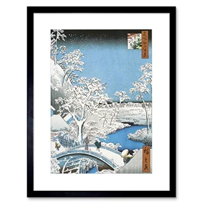 Image of Wee Blue Coo Painting Japanese Woodblock Winter Bridge Over River Framed Wall Art Print