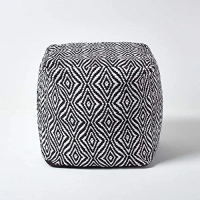 Image of HOMESCAPES Retro Handwoven Square Bean Filled Pouffe Black &amp; White Paper Chindi &#039;Trance&#039; Diamond Pattern Footstool, 40 cm