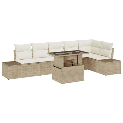 Image of vidaXL 7 Piece Garden Sofa Set with Cushions in Beige Poly Rattan