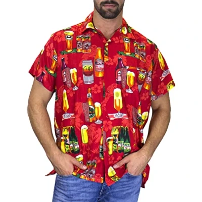 Image of V.H.O. Funky Hawaiian Shirt, Shortsleeve, Beerbottle, Red, L