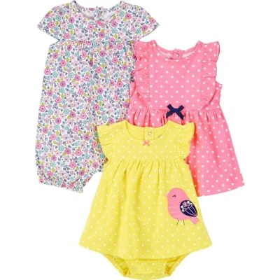 Image of Simple Joys by Carter&#039;s Baby Girls&#039; 3 Pack Romper, Sunsuit and Dress, Pink Dots/White Floral/Yellow Bird, 24 Months (Pack of 3)