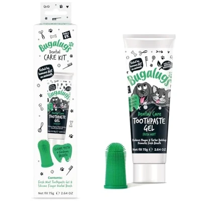 Image of Bugalugs Dental Care Kit for Dogs &amp; Cats Toothpaste Gel (75g) Silicone Finger Toothbrush Dogs, Puppy, Cat Kitten Essentials, Breath Freshener, Plaque Tartar Remover, Cleaning Treatment