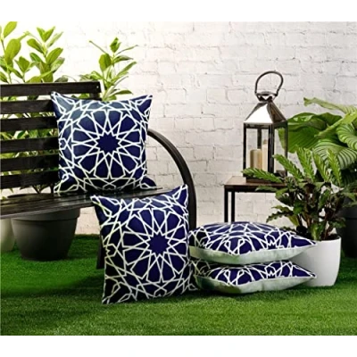 Image of Red Rainbow 4 Pack Waterproof Garden Cushion Covers Boho Arrow design 18 inch x 45 cm Square (Navy Blue)