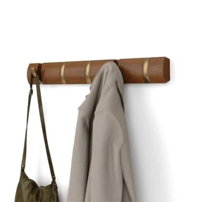 Image of Umbra Flip 5 Hook Wall Mounted Coat Rack, Modern, Sleek, Space Saving Hanger with Retractable Hooks to Hang Coats, Scarfs, Purses and More, Light Walnut/Warm Gold