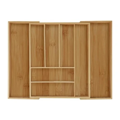 Image of Relaxdays 10032174 Cutlery Tray, Extendable, 6 8 Compartments, HxWxD: 6.5 x 57.5 43 cm, Kitchen Drawer Insert, Bamboo, Natural