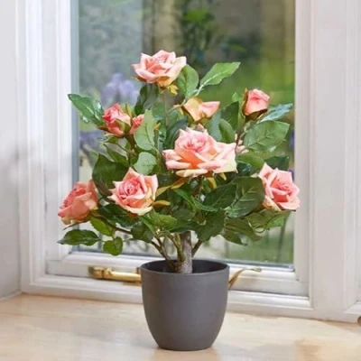 Image of Garden Mile Artificial Plants Indoor And Outdoor Large Plant Rose Tree, Faux Fake Home Décor Office Decorative In Grey Pot (40cm Perfect Pink)
