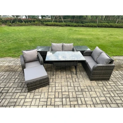 Image of Lounge Rattan Sofa Set Outdoor Garden Furniture Oblong Rectangular Dining Table With Chairs 2 Side Tables Big Footstool Dark Grey Mixed Fimous