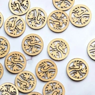 Image of 50pcs Rustic Round Wooden Circles with Bird and Leaves Wood Craft Shapes Embellishments for Crafting Decoration