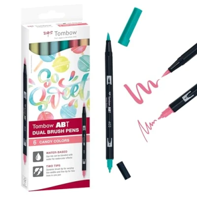 Image of Tombow ABT Dual Brush Pen, Candy Colours, Pen with Two Tips, Perfect for Hand Lettering and Bullet Journal, Water soluble, 6C 4, Set of 6