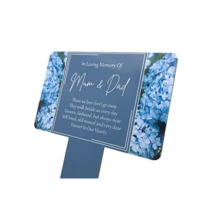 Image of Mum &amp; Dad Memorial Plaque Stake. Beautiful, eye catching, waterproof grave marker printed with blue hydrangea flowers and a remembrance poem. (Light Blue)