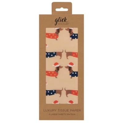 Image of Glick Four Sheets Tissue Paper, Dogs Christmas Daschund Kraft for Wrapping Gifts and Arts Crafts, Multi Colour