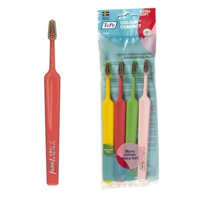Image of TePe Colour Compact Toothbrush, Extra Soft, 4pcs, Toothbrush for Older Kids and Adults with a Small Brush Head, ensures Gentle Cleaning Soft filaments