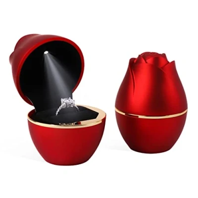 Image of Rolin Roly Red Ring Box with LED Light Rose Jewelry Case Jewellry Display Gift Boxes for Proposal Wedding Ceremony Engagement Anniversary