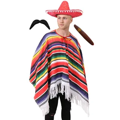 Image of MEXICAN PONCHO, RED SOMBRERO WITH POMPOM EDGING, TASH &amp; CIGAR DELUXE WESTERN FANCY DRESS COSTUME MENS LADIES ONE SIZE FITS SMALL XXL