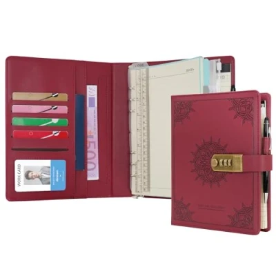 Image of WASON Diary with Lock A5 Binder Ruled Spiral Notebook Journal Planner Portfolio and Refillable Writing Lined Paper Notepad, Pen, Clipboard Organizer For Ideal Business, School &amp; Travel (Red)
