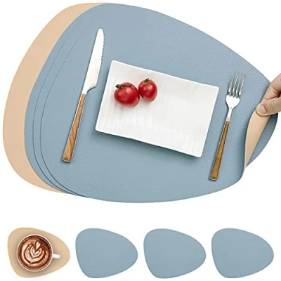 Image of Myir JUN Leather Table Mats and Coasters, Placemat Round PU Waterproof Dual Sided Kitchen Place Coffee Non Slip Washable Placemats Coaster Sets 4 (Set of 4, Beige Light Blue)