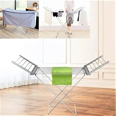 Image of DWD Electric Heated 230w Clothes Airer with Wings Indoor Rack Cover Dries Quicker Stable Legs 5 Min Heating 45 55℃ Load 15Kg Foldable Design Silver Energy Efficent Low Cost Laundry Dryer